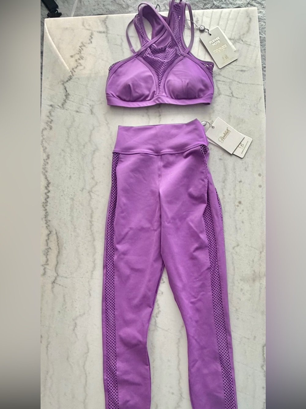 Bombshell Sportswear Purple Mesh-Trim Bralette and Leggings Set
